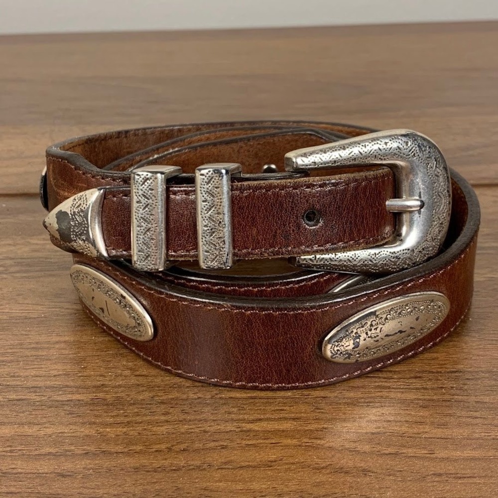 Brighton Mens Latigo Leather Belt Brown Western Engraved Concho 38 01-85303